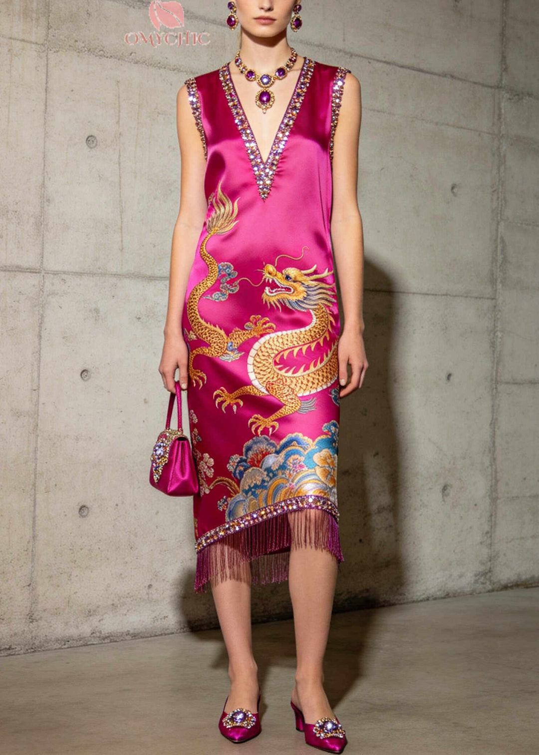 Handmade Rose Sequins Tasseled Print Silk Dresses Summer