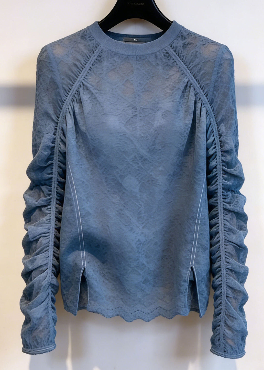 Handmade Sea Blue O-Neck Wrinkled Lace Top Summer