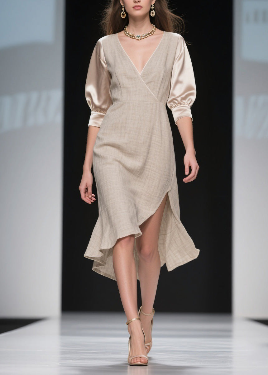 Handmade Side Open Asymmetrical Design Patchwork Linen Silk Dress Summer