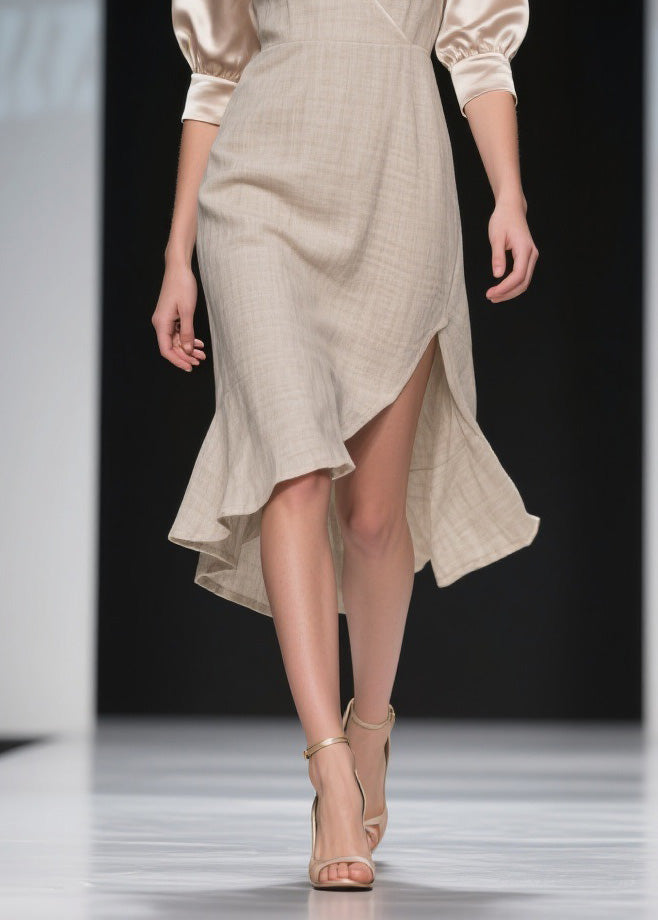 Handmade Side Open Asymmetrical Design Patchwork Linen Silk Dress Summer