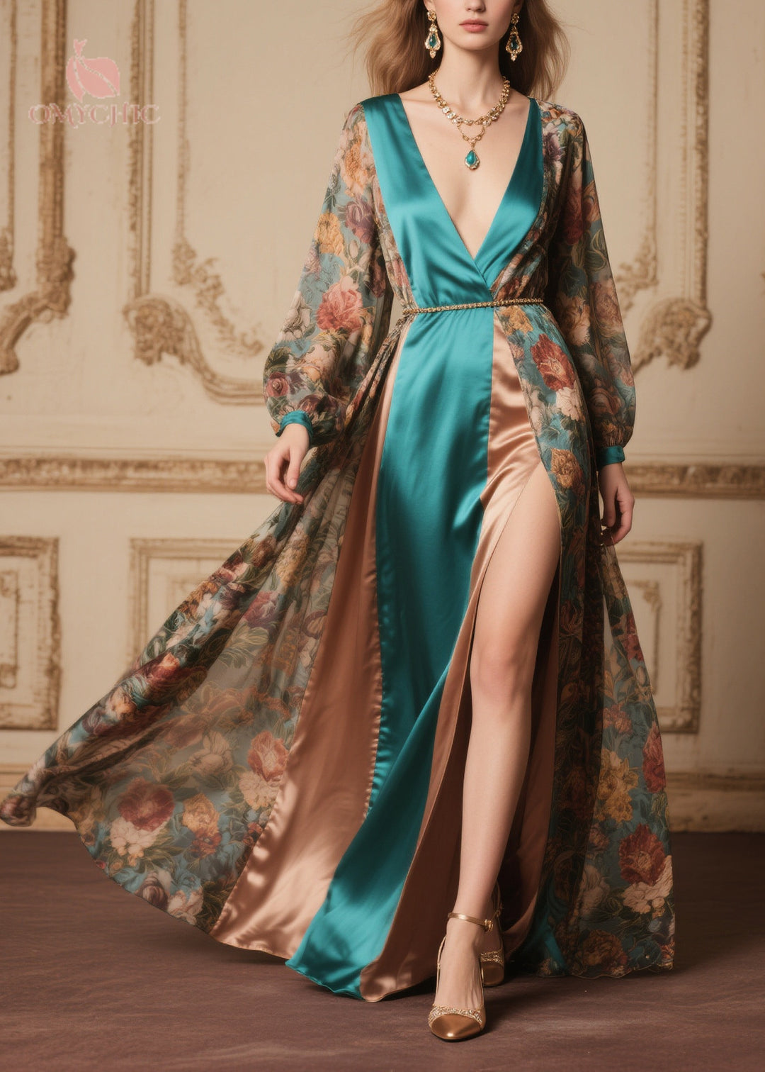Handmade Side Open Patchwork Exra Large Hem Chiffon Long Dress Summer