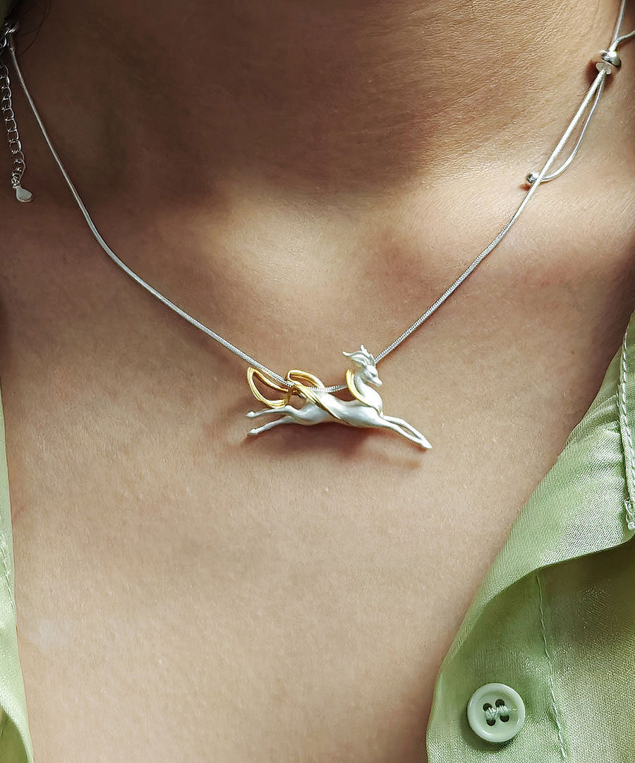 Handmade Silver Dunhuang Immortal Deer Pendant Necklace - Omychic