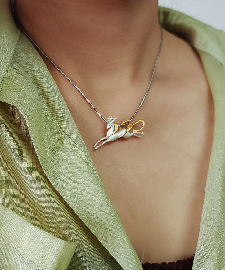 Handmade Silver Dunhuang Immortal Deer Pendant Necklace - Omychic