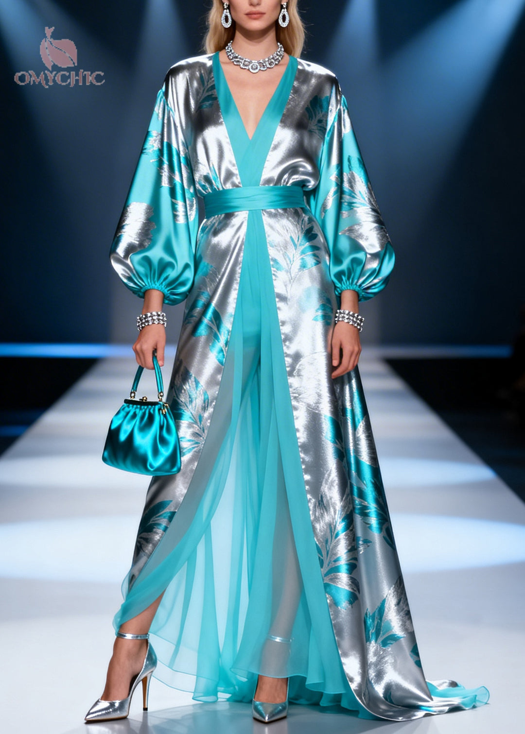 Handmade Silvery Jacquard Patchwork Exra Large Hem Silk Dresses Summer