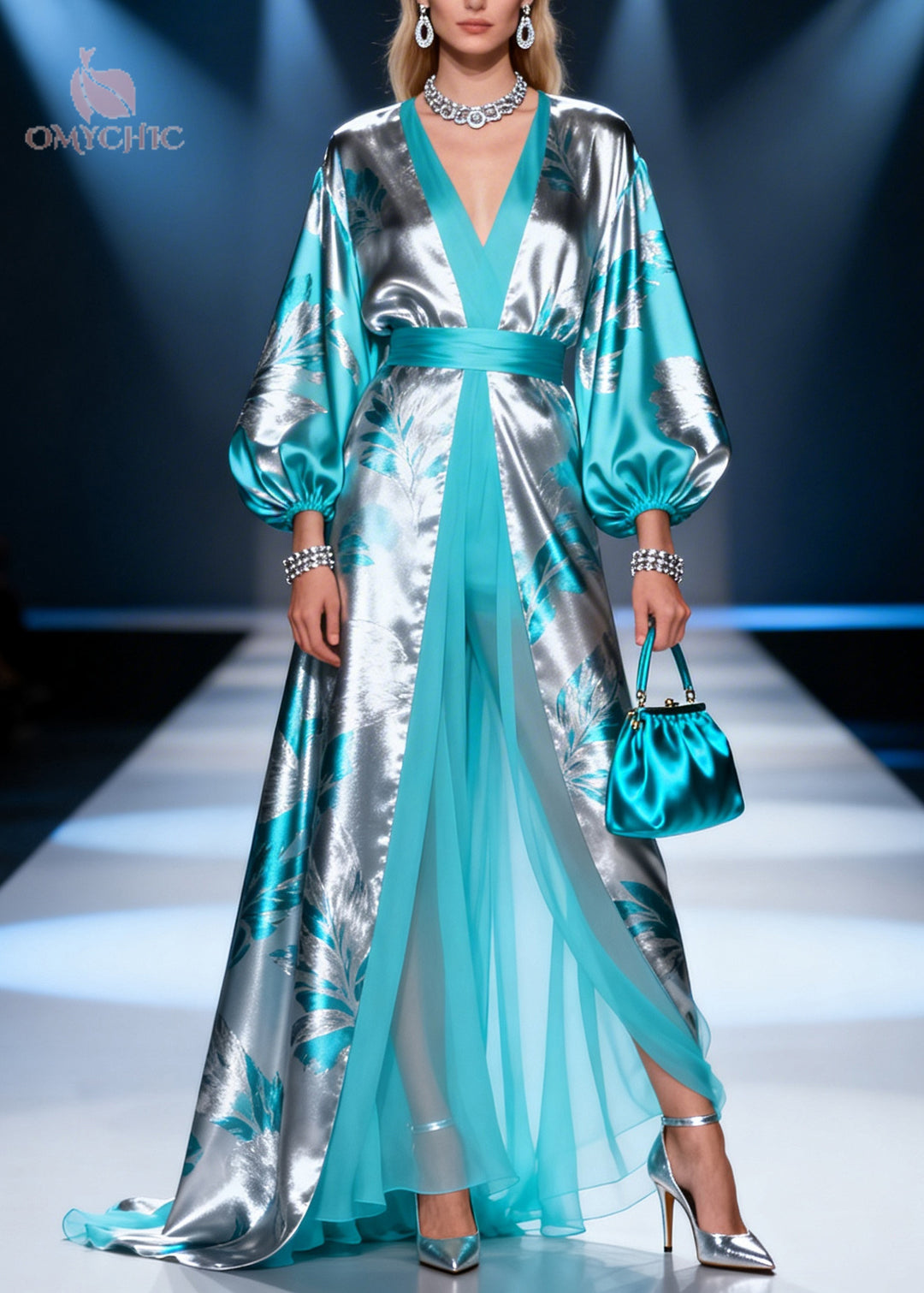 Handmade Silvery Jacquard Patchwork Exra Large Hem Silk Dresses Summer