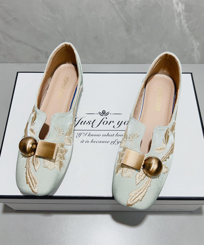 Handmade Splicing Penny Loafers Light Green Satin Embroidered