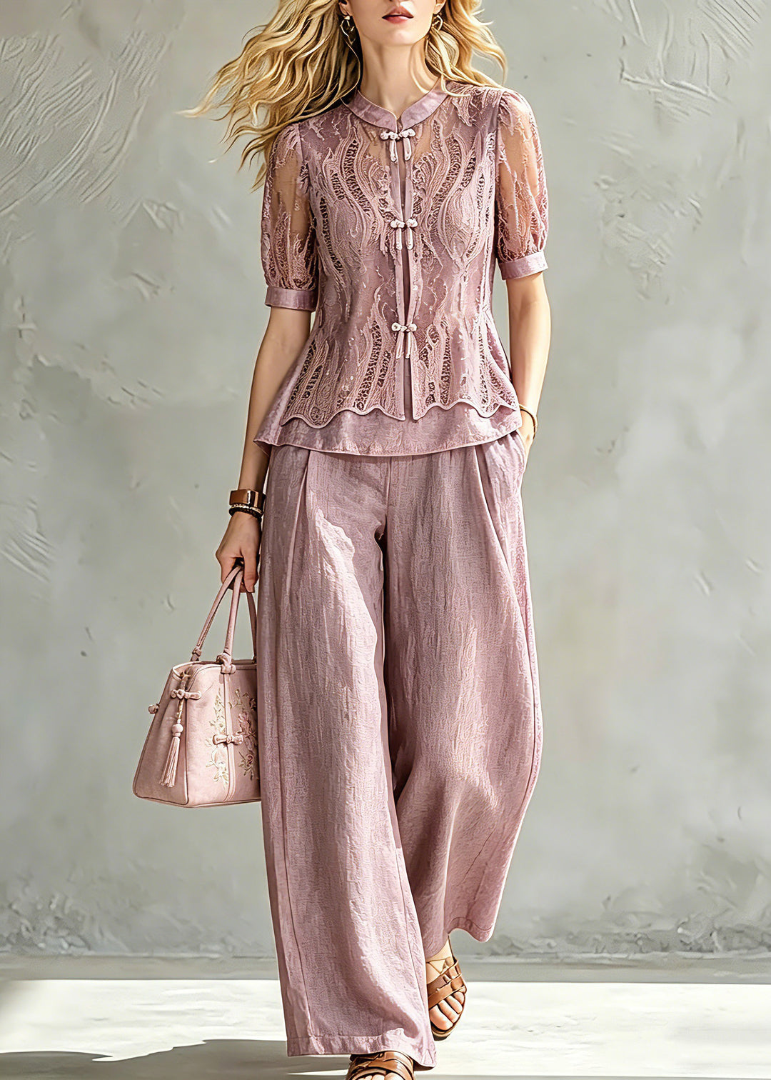 Handmade Stand Collar Lace Patchwork Chiffon Shirt And Wide Leg Pants Two Pieces Set Summer