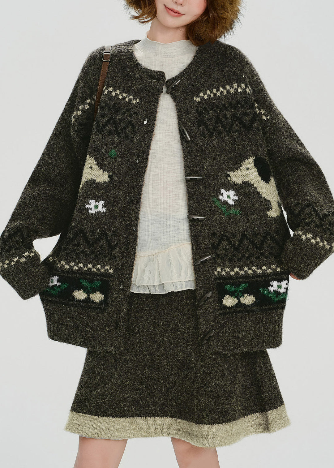 Handmade Tea Green Dog Jacquard Knit Two Pieces Set Spring