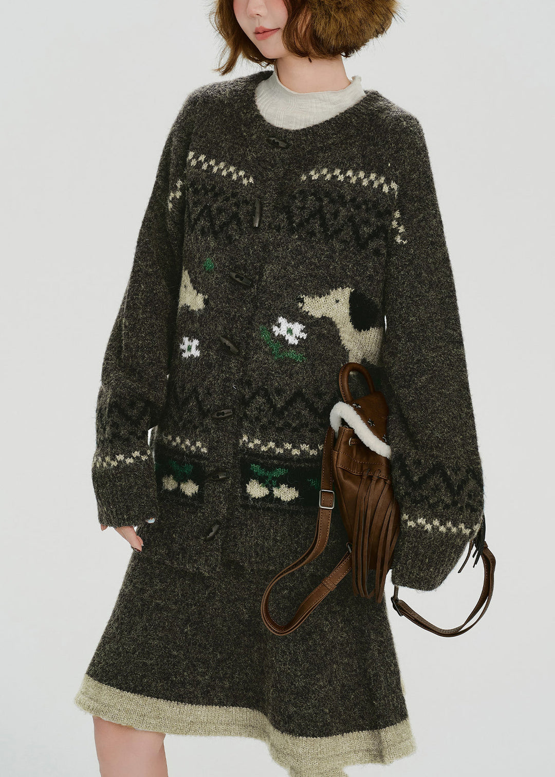 Handmade Tea Green Dog Jacquard Knit Two Pieces Set Spring