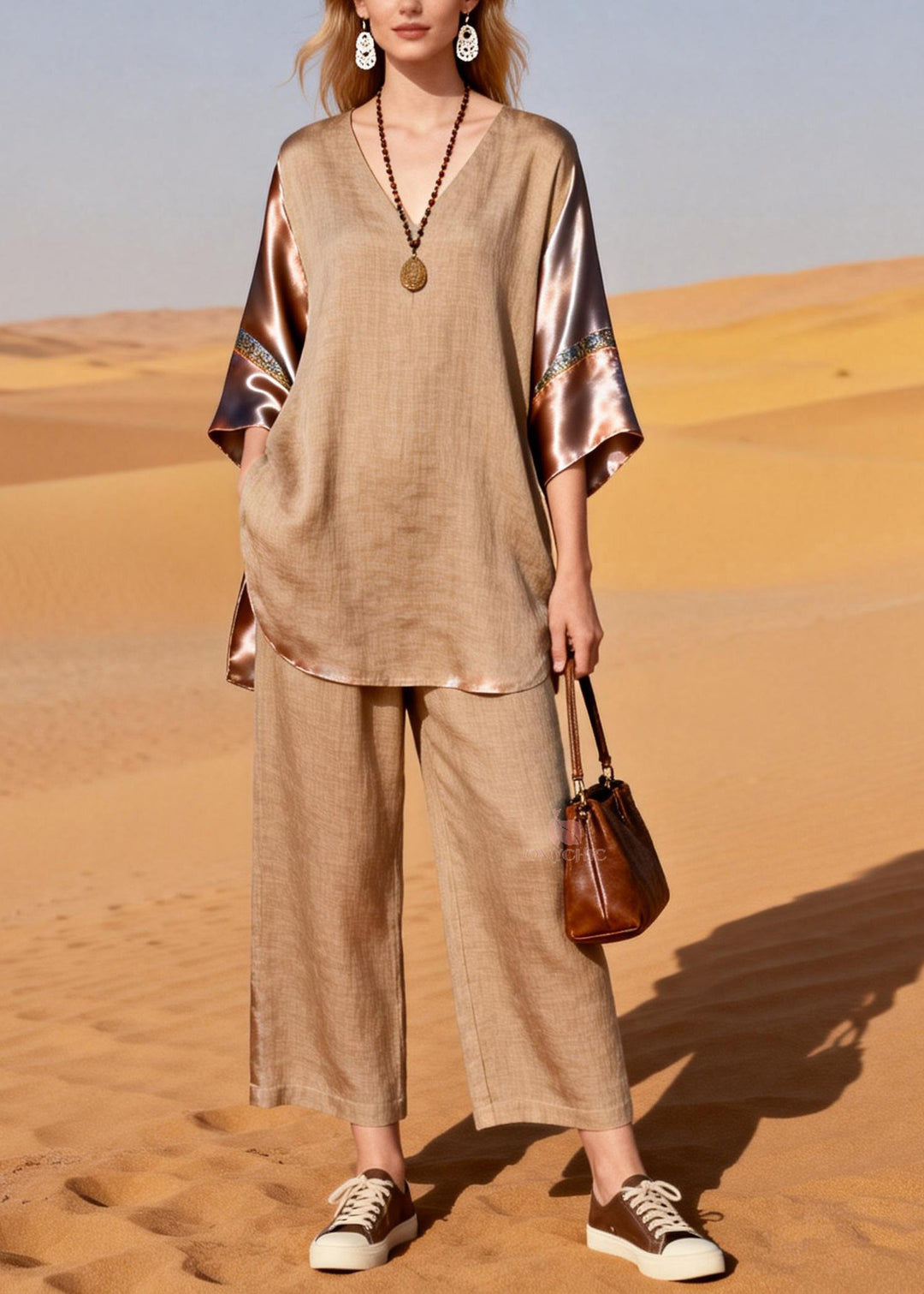Handmade V Neck Patchwork Linen Silk Two Pieces Set Summer