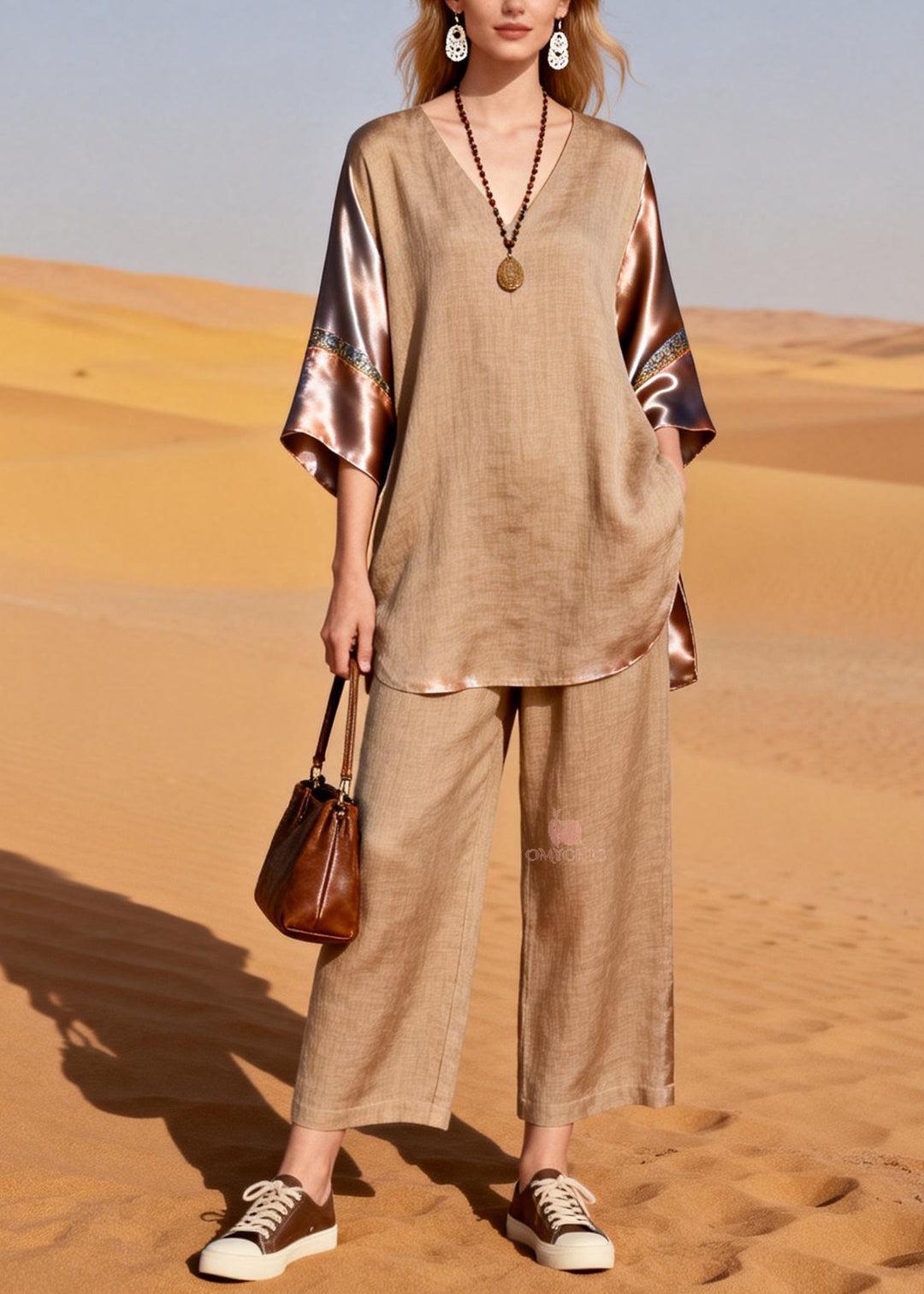 Handmade V Neck Patchwork Linen Silk Two Pieces Set Summer