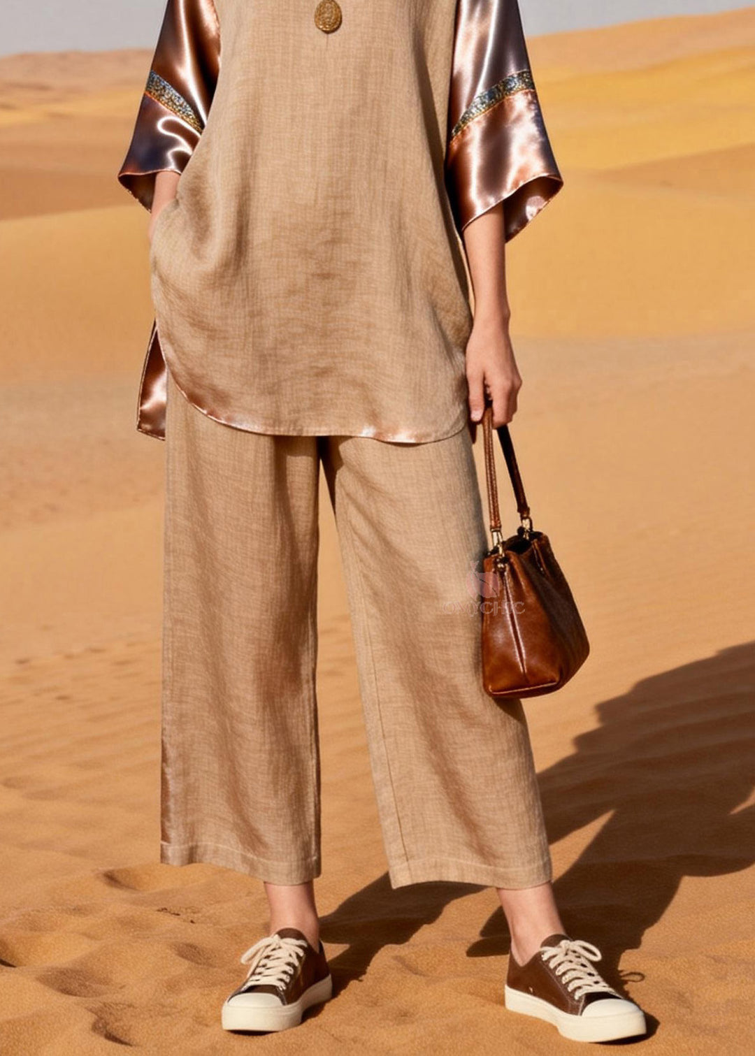 Handmade V Neck Patchwork Linen Silk Two Pieces Set Summer