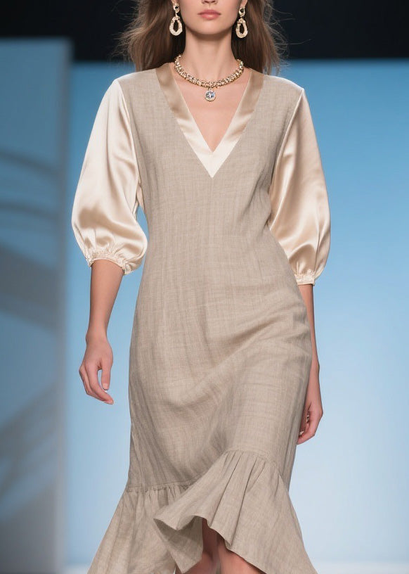 Handmade V Neck Ruffled Patchwork Linen Silk Dress Summer