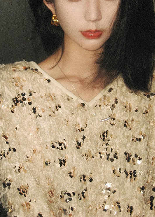 Handmade V Neck Tasseled Sequins Knit Sweaters Winter