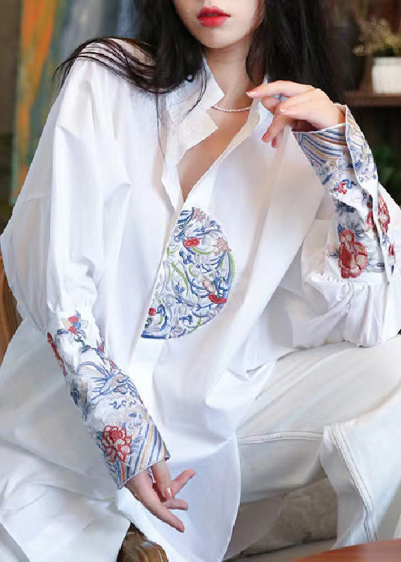 Handmade Vintage White Stand Collar Embroidered Cotton Shirts Top