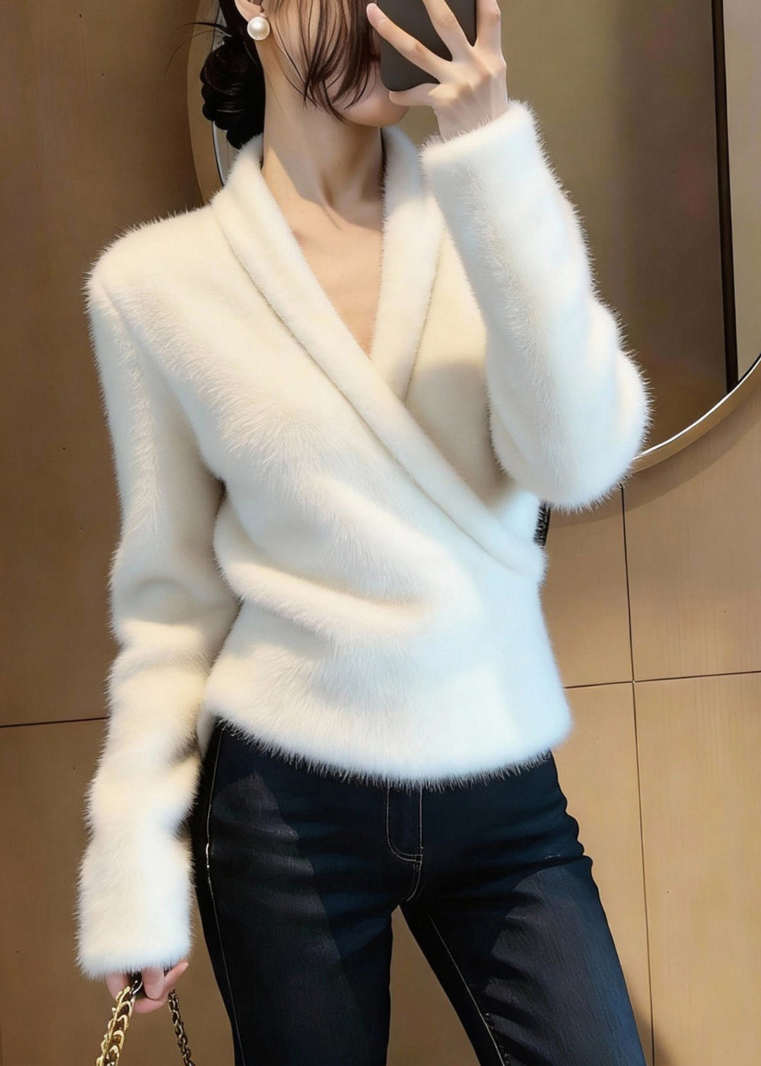 Handmade White Asymmetrical Mink Hair Knitted Sweater Tops Winter - Omychic