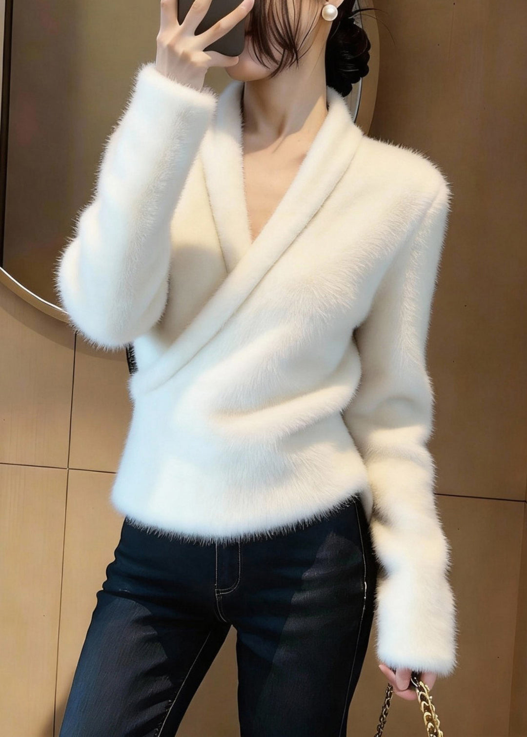 Handmade White Asymmetrical Mink Hair Knitted Sweater Tops Winter - Omychic