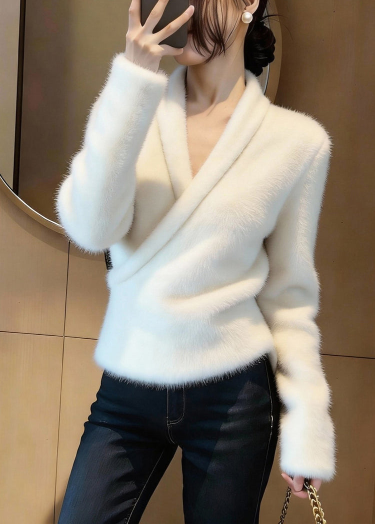 Handmade White Asymmetrical Mink Hair Knitted Sweater Tops Winter - Omychic