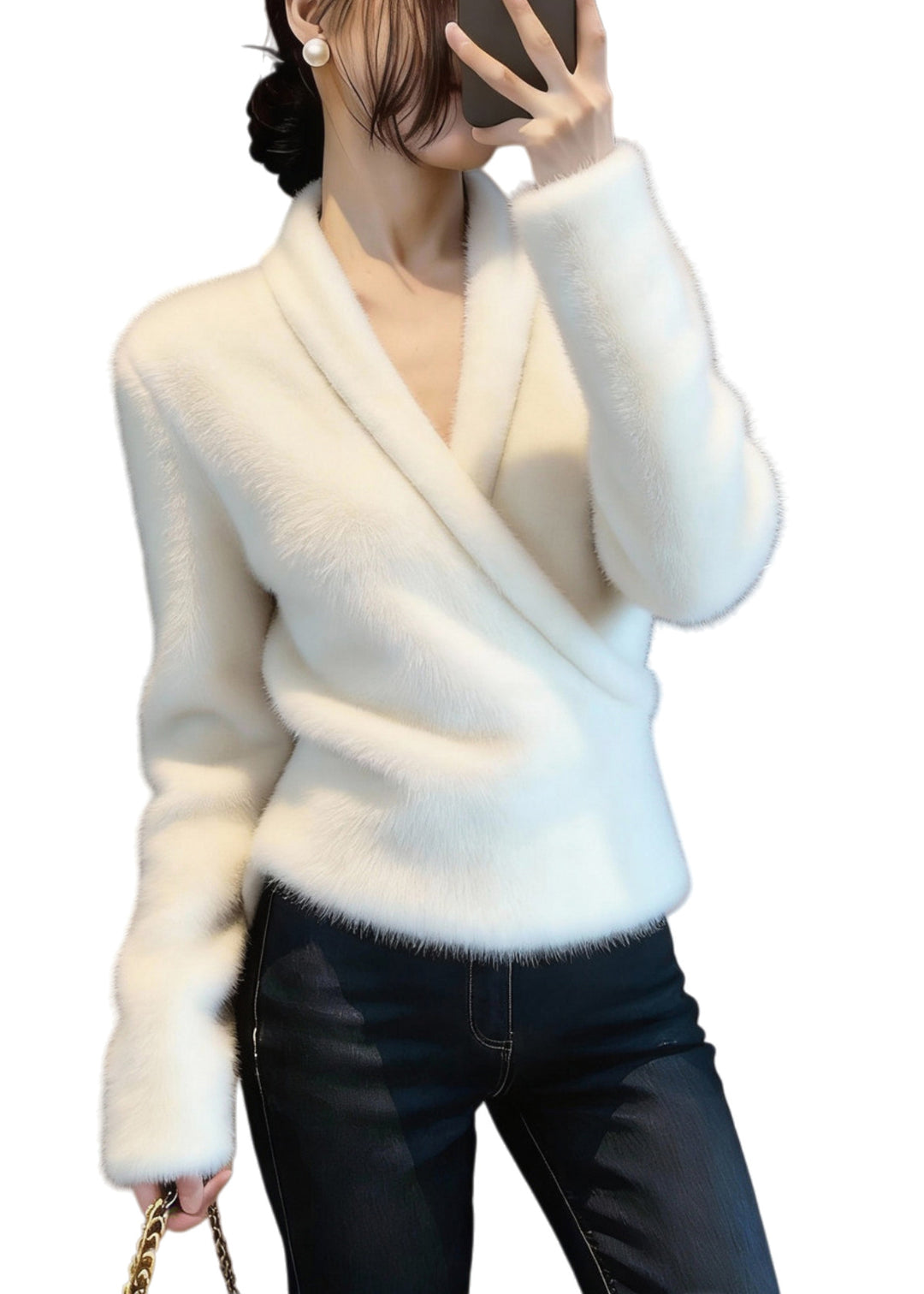 Handmade White Asymmetrical Mink Hair Knitted Sweater Tops Winter - Omychic