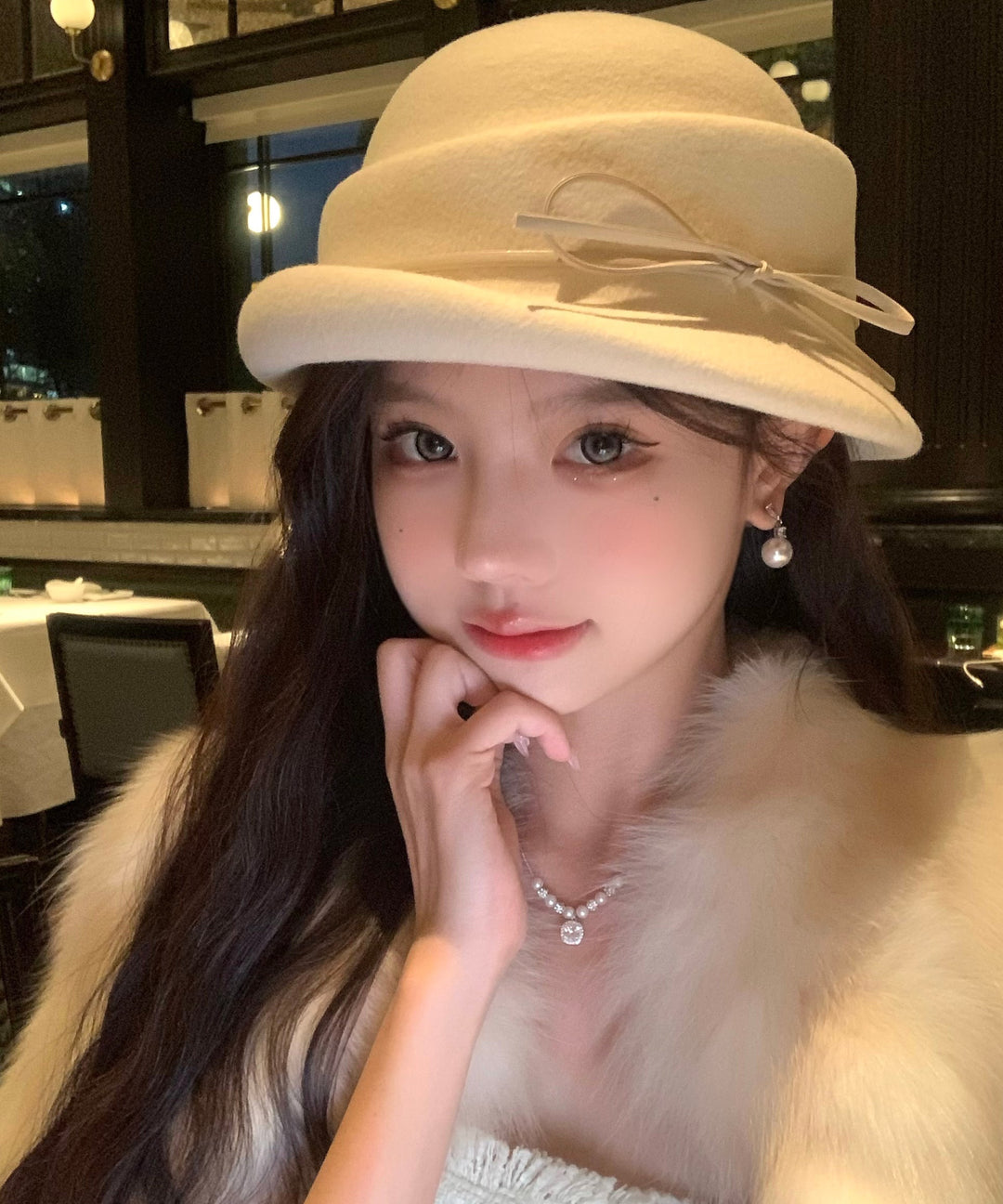 Handmade White Bow Cozy Warm Woolen Bucket Hat