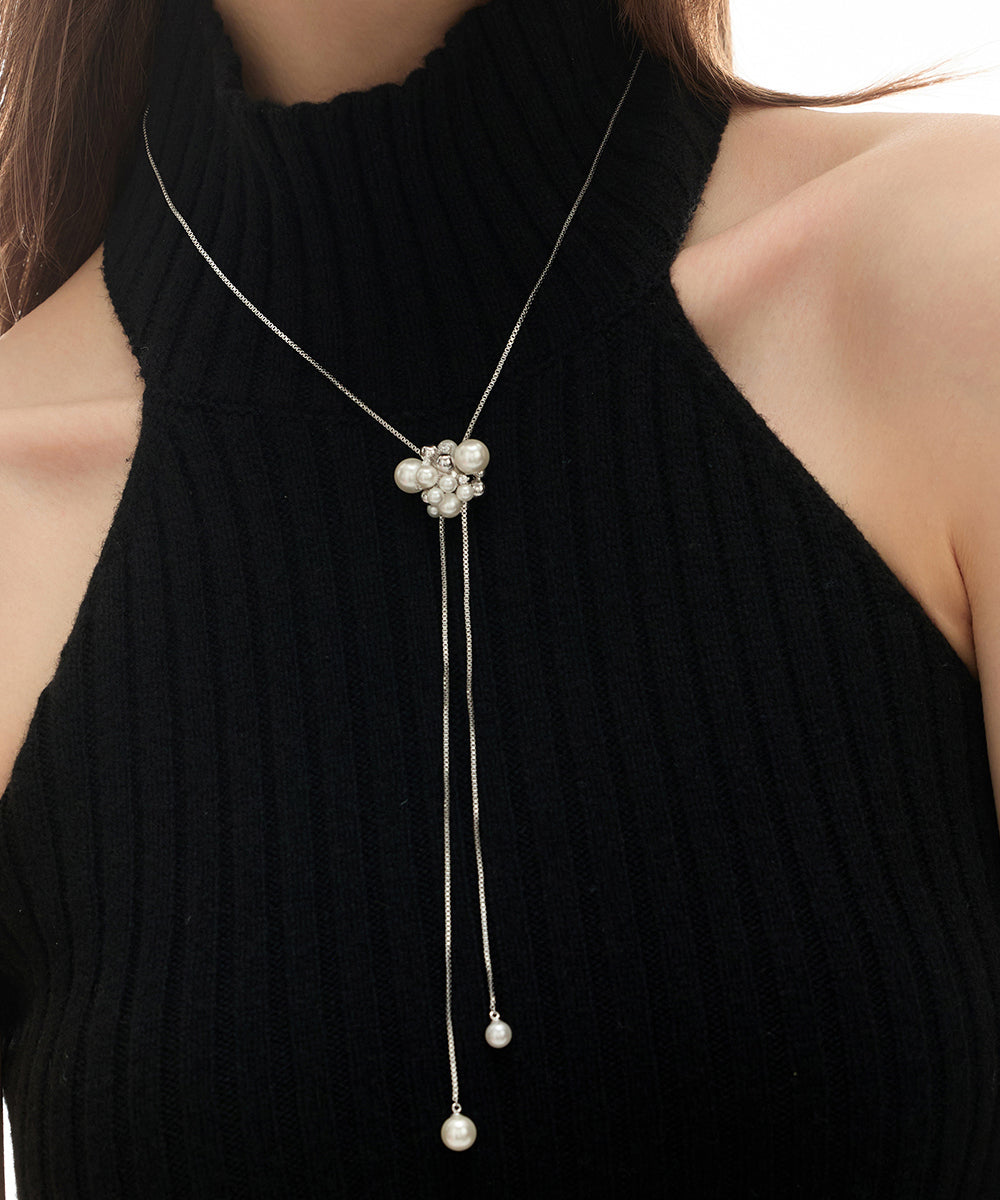 Handmade White Copper Overgild Zircon Pearl Retractable Sweaters Lariat Necklace