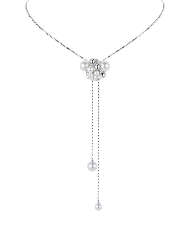 Handmade White Copper Overgild Zircon Pearl Retractable Sweaters Lariat Necklace