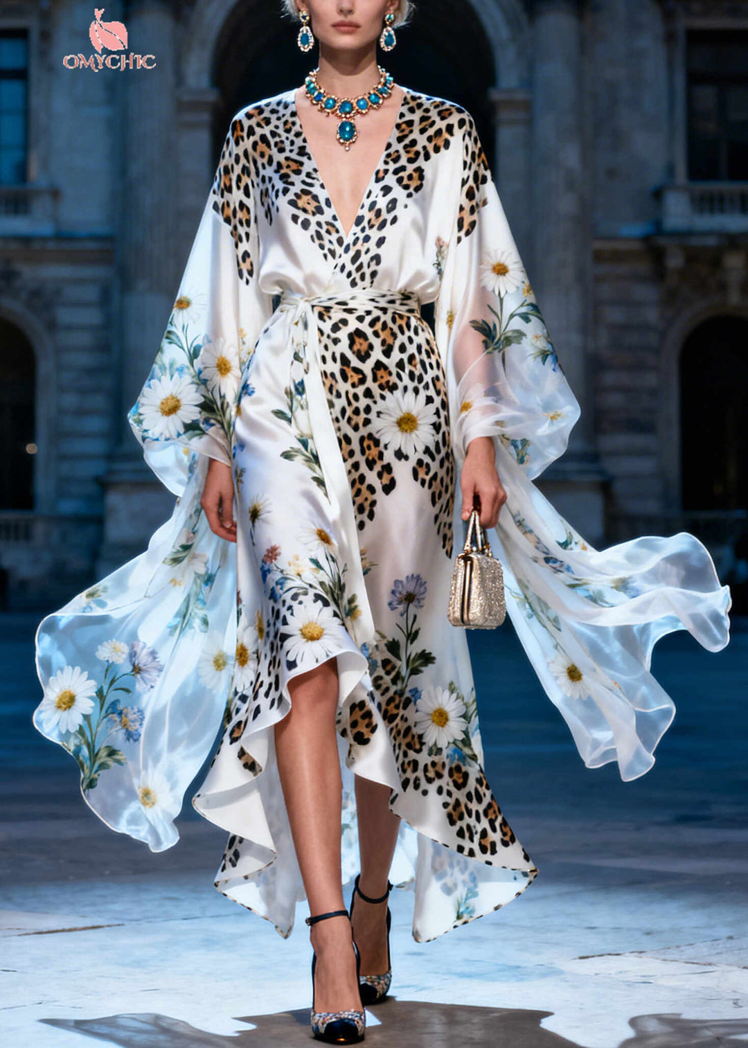 Handmade White Daisy Low High Design Silk Dress Summer