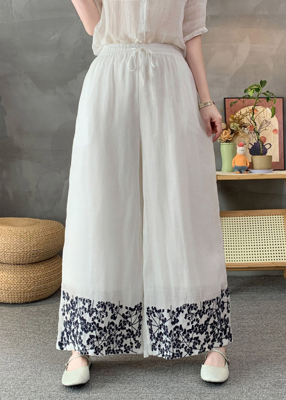 Handmade White Elastic Waist Tie Waist Linen Wide Leg Pants Summer