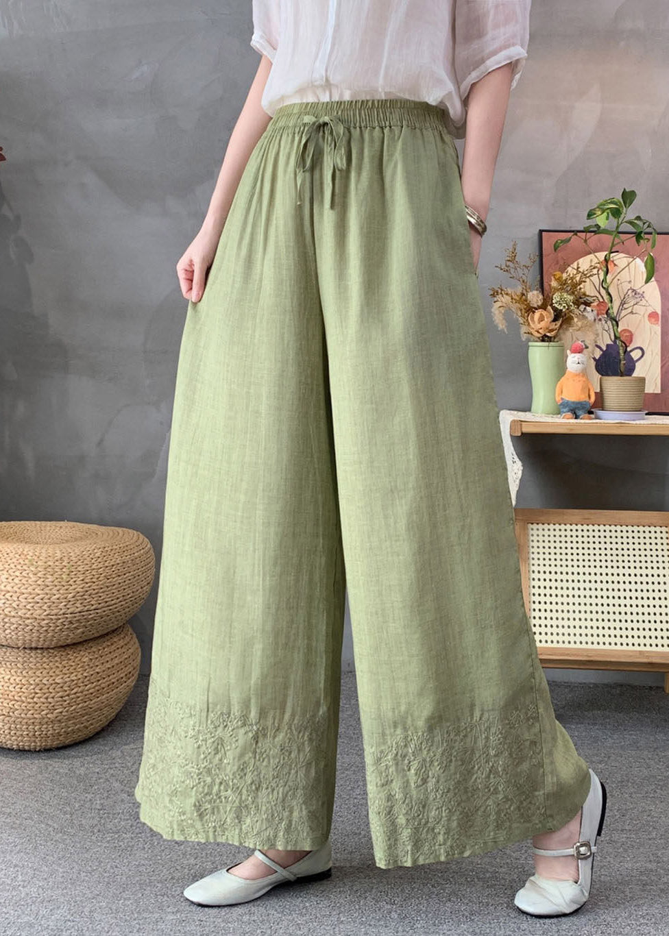 Handmade White Elastic Waist Tie Waist Linen Wide Leg Pants Summer