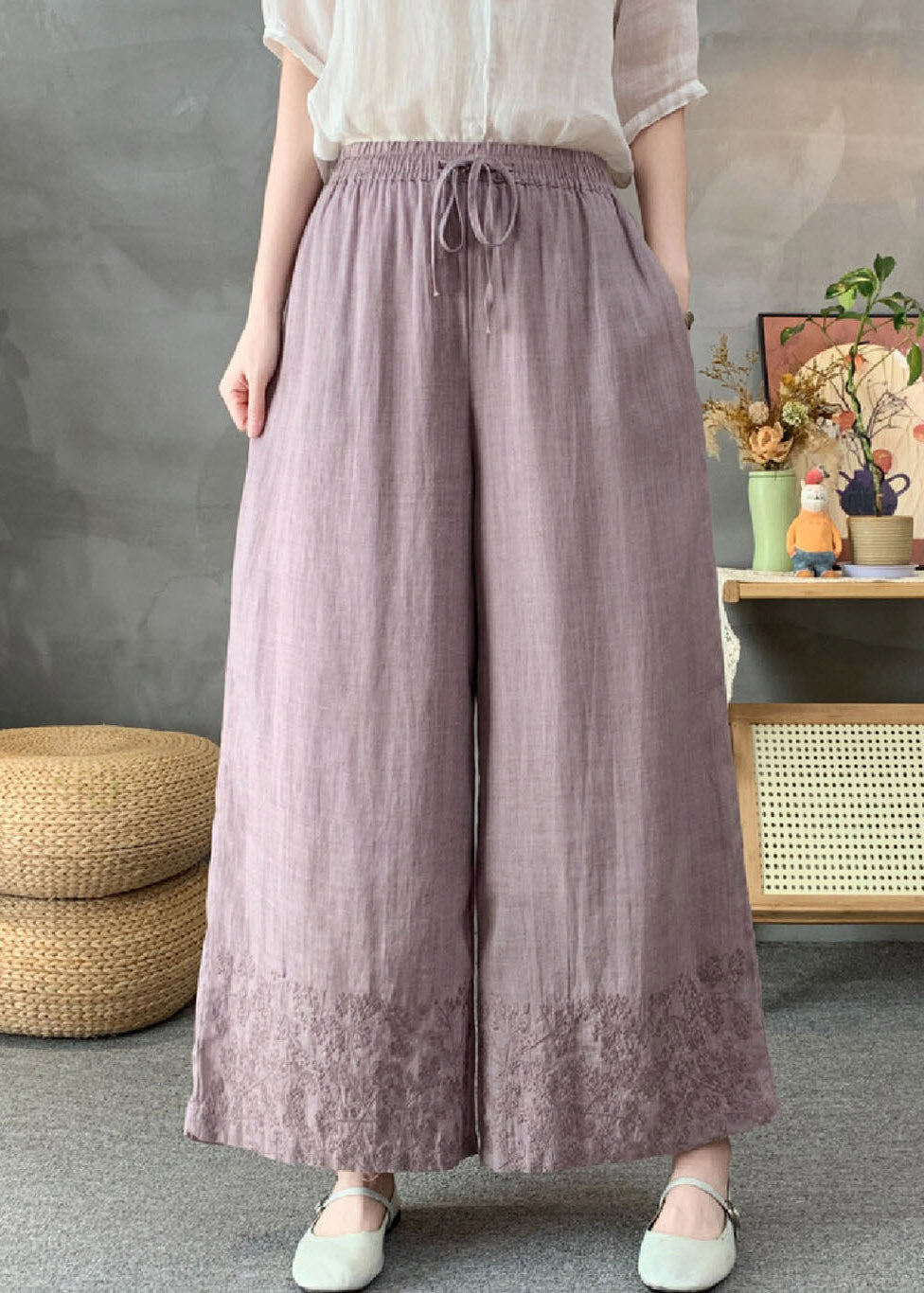 Handmade White Elastic Waist Tie Waist Linen Wide Leg Pants Summer