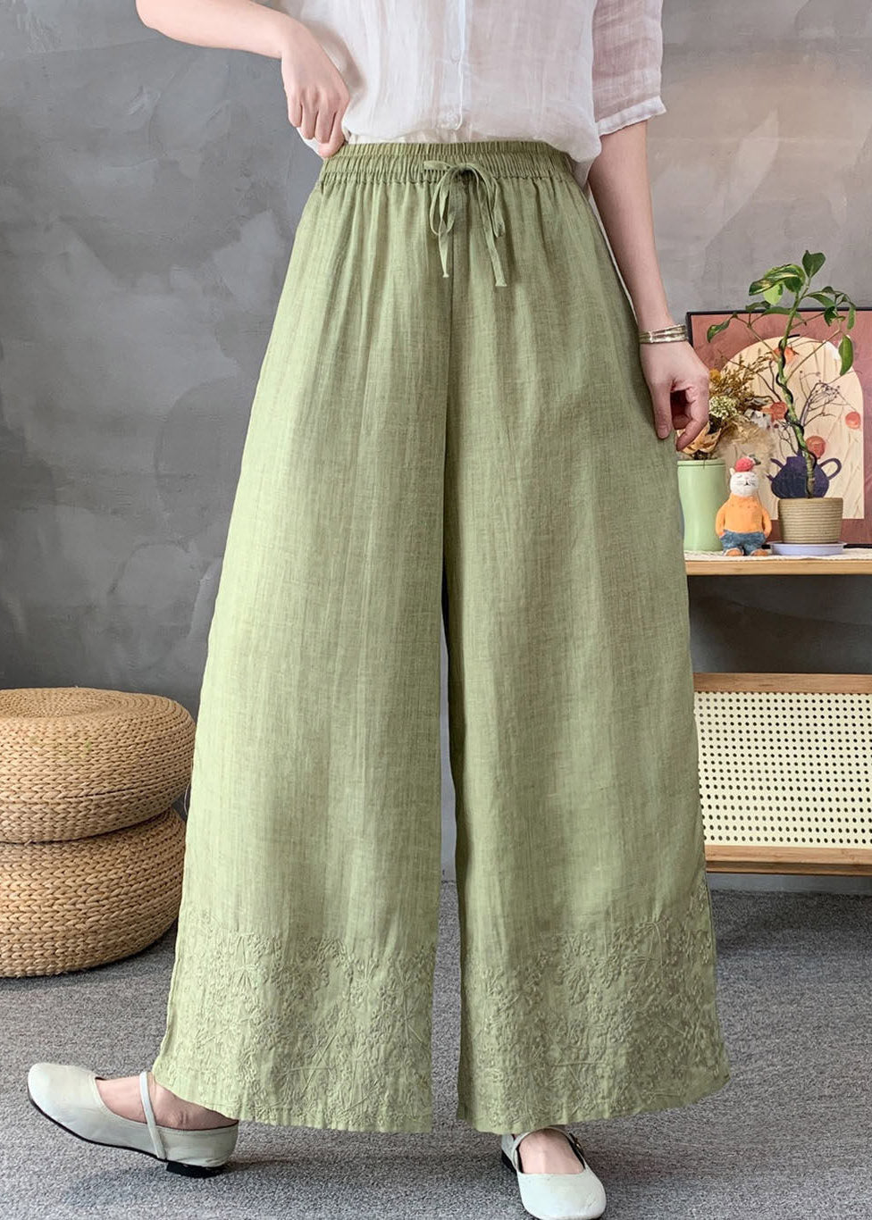 Handmade White Elastic Waist Tie Waist Linen Wide Leg Pants Summer
