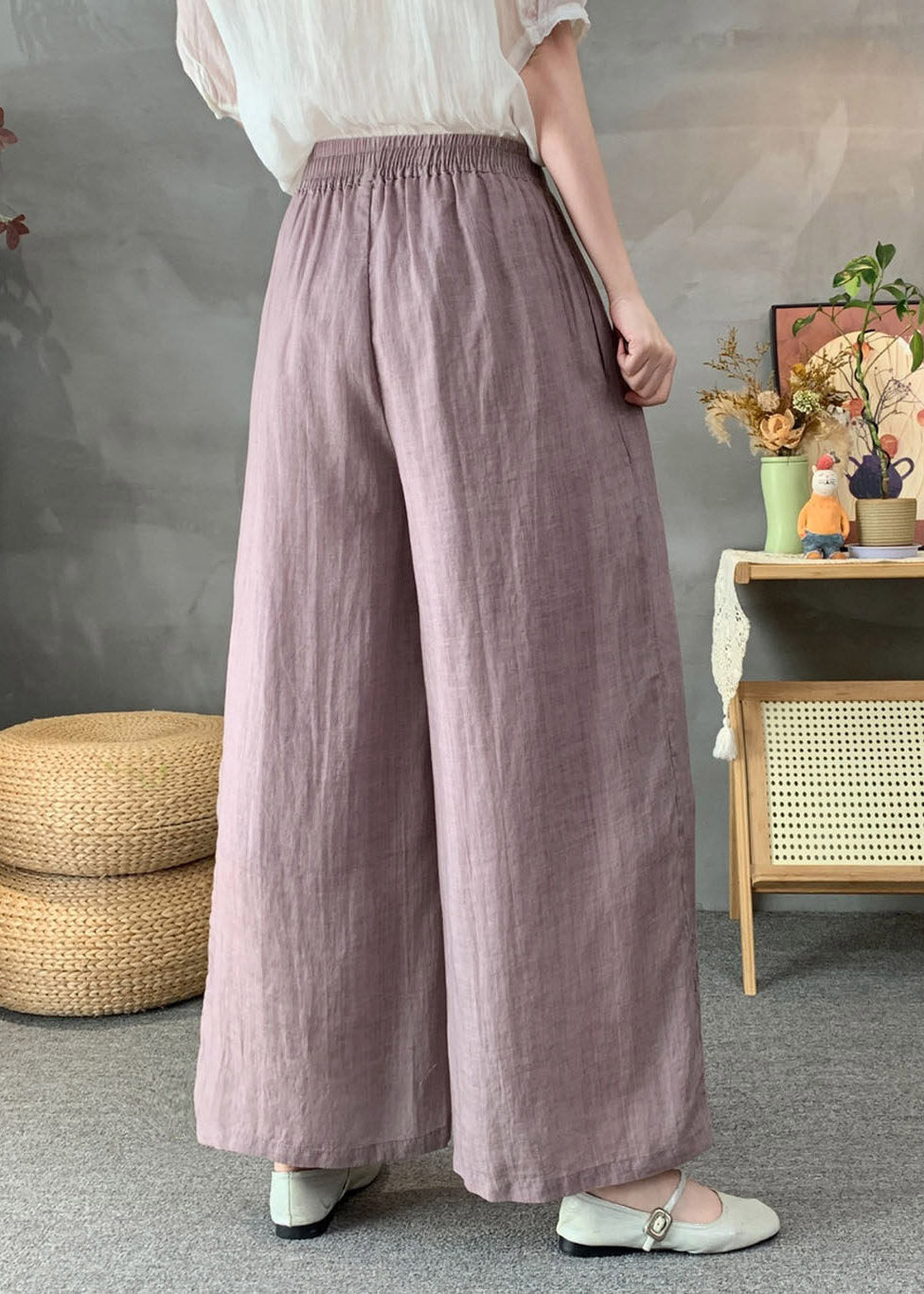 Handmade White Elastic Waist Tie Waist Linen Wide Leg Pants Summer