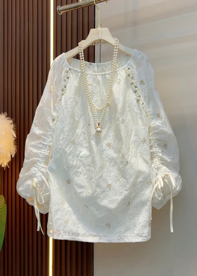 Handmade White Embroidered Pearl Cinched Cotton Shirt Fall