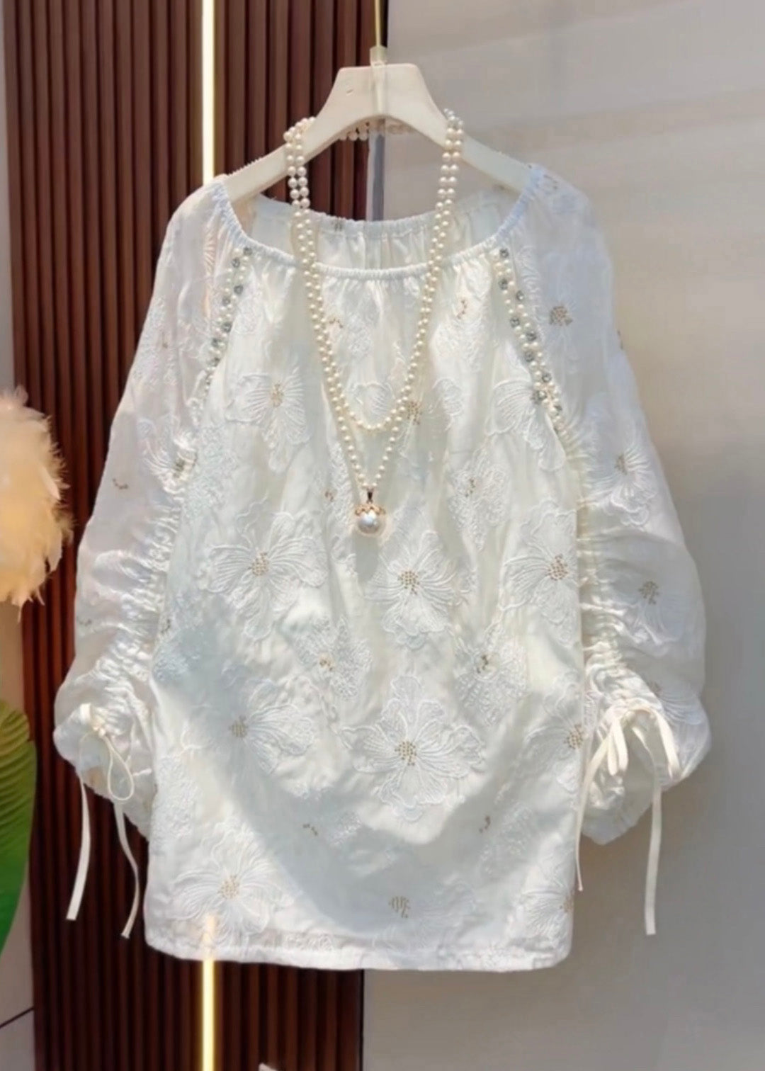 Handmade White Embroidered Pearl Cinched Cotton Shirt Fall