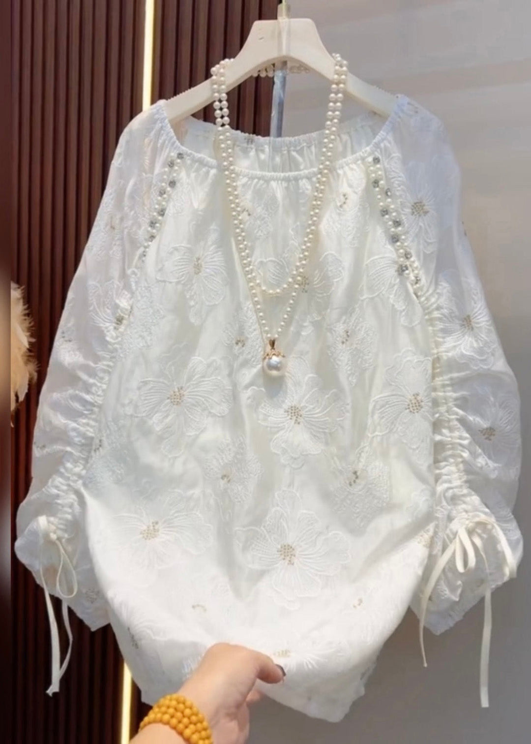 Handmade White Embroidered Pearl Cinched Cotton Shirt Fall