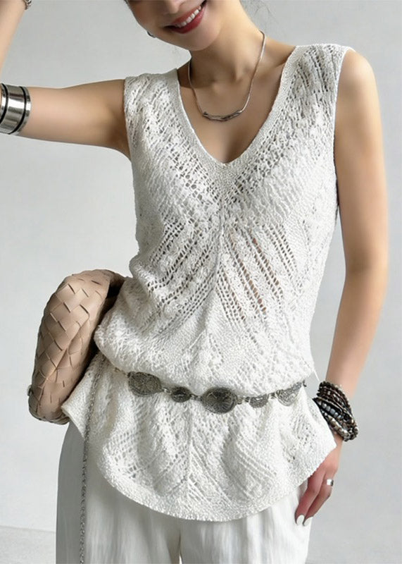 Handmade White Hollow Out Knit Beach Vest Summe