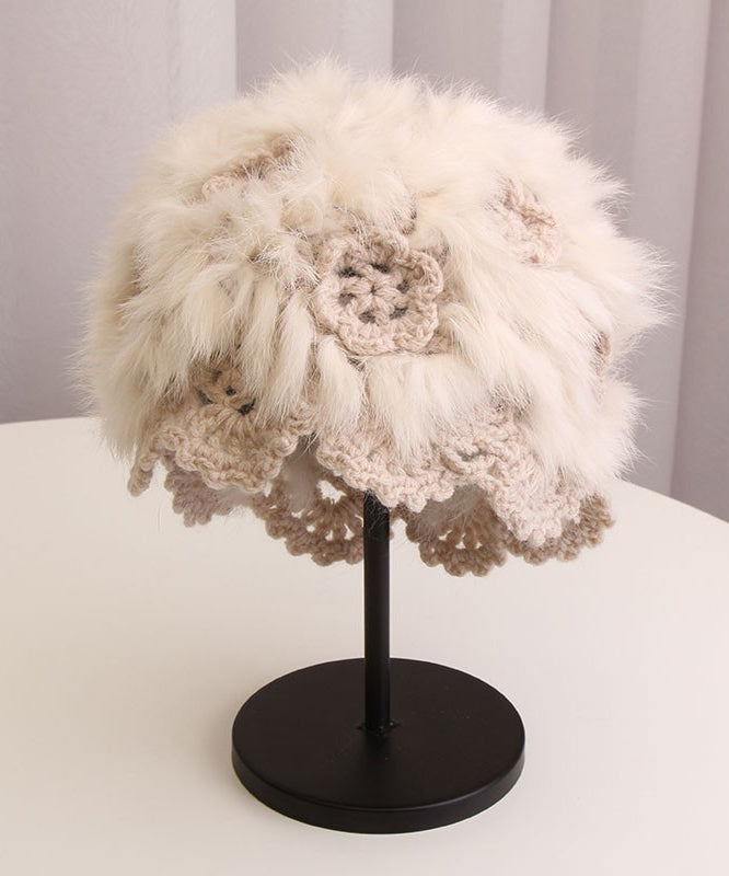 Handmade White Hollowed Out Flower Rabbit Hair Knitted Boonie Hat