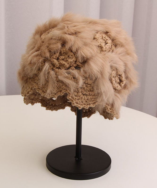 Handmade White Hollowed Out Flower Rabbit Hair Knitted Boonie Hat