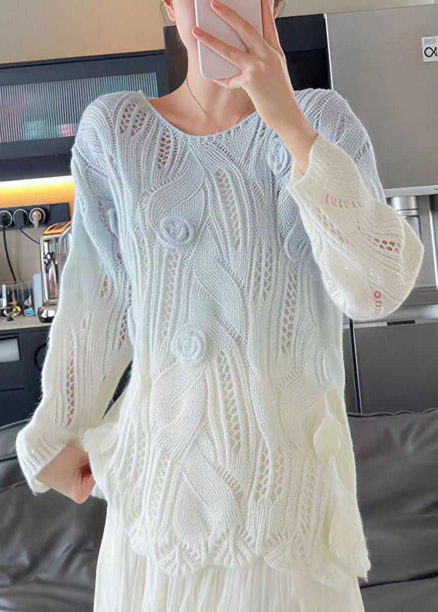 Handmade White O Neck Floral Knit Sweater Tops Fall