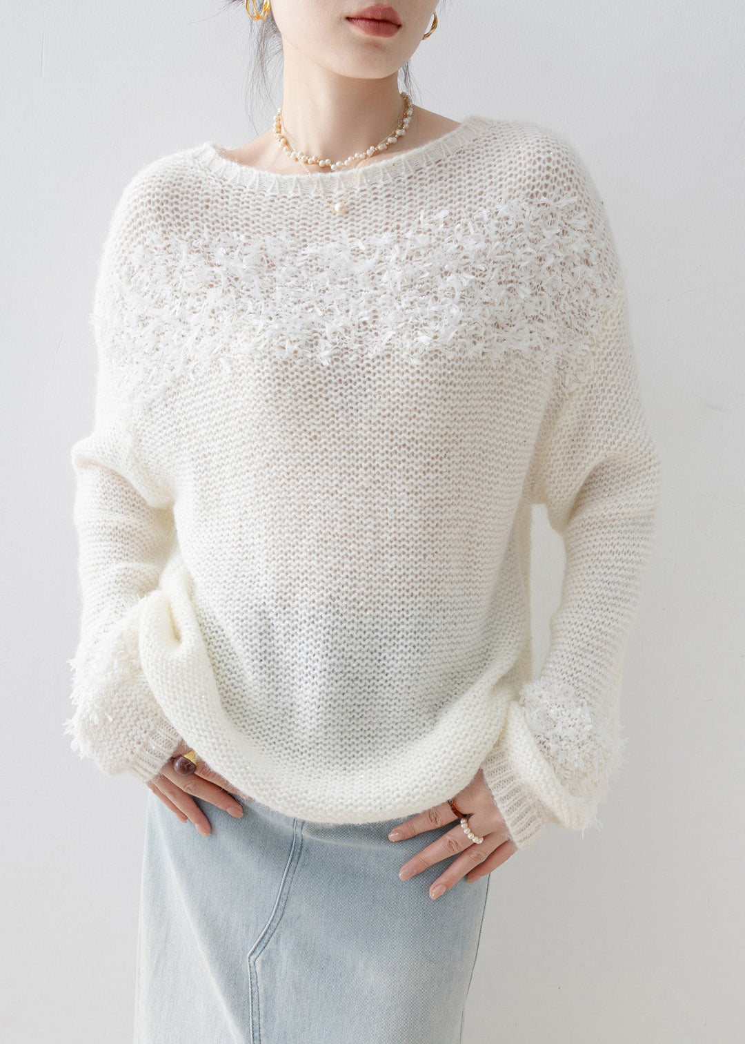 Handmade White O Neck Sequins Knitted Tops Spring