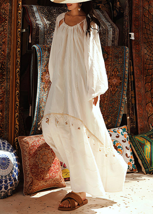 Handmade White Original Design Hollow Out Silk Cotton Maxi Dresses Fall