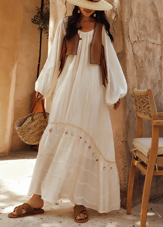 Handmade White Original Design Hollow Out Silk Cotton Maxi Dresses Fall