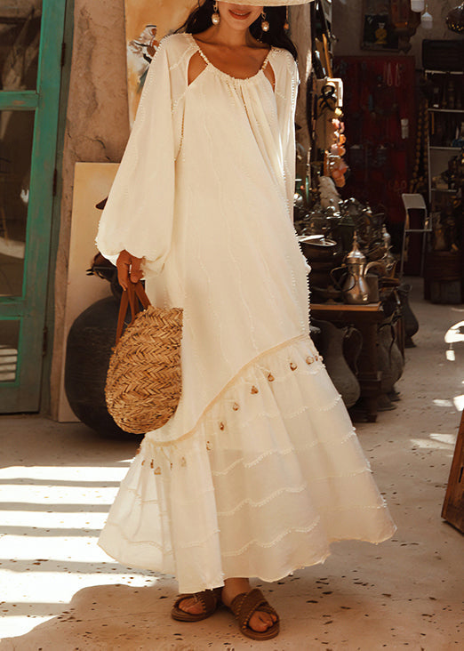 Handmade White Original Design Hollow Out Silk Cotton Maxi Dresses Fall