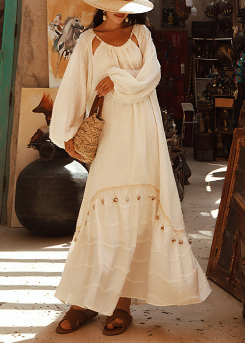Handmade White Original Design Hollow Out Silk Cotton Maxi Dresses Fall
