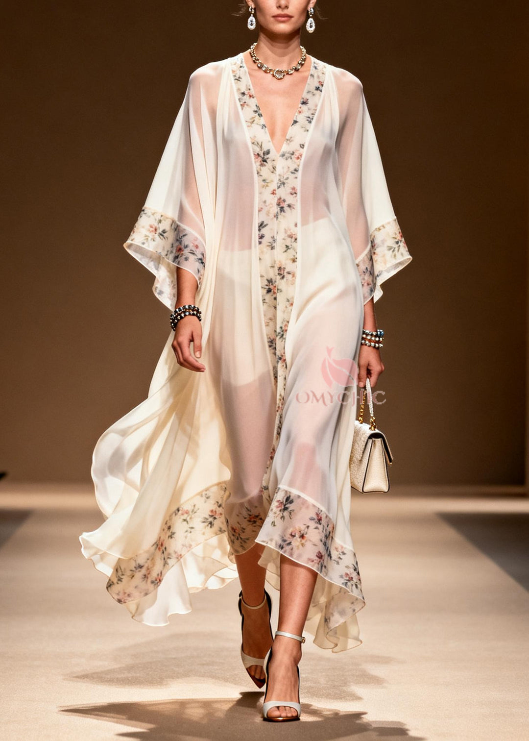 Handmade White Oversized Patchwork Print Chiffon Dress Summer