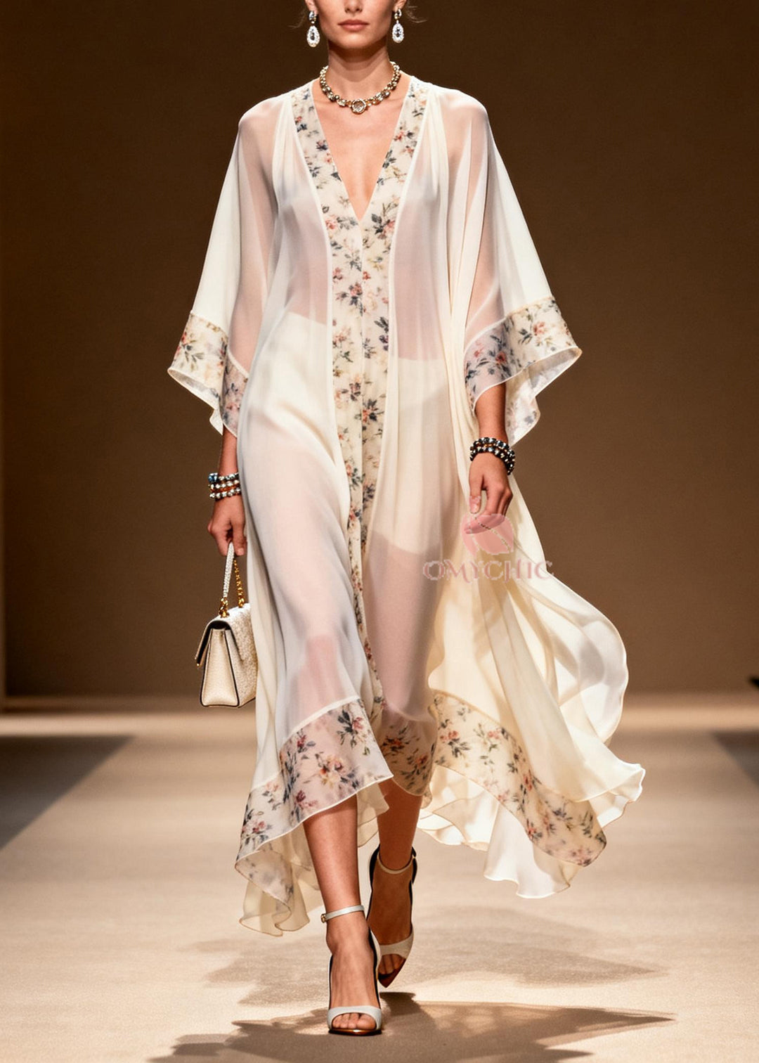 Handmade White Oversized Patchwork Print Chiffon Dress Summer