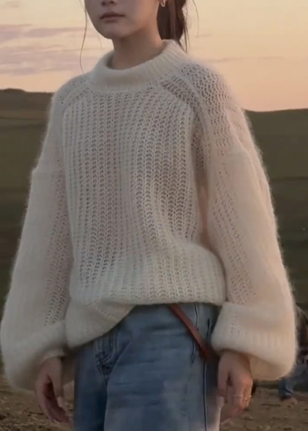 Handmade White Patchwork Solid Cotton Knit Sweaters Fall