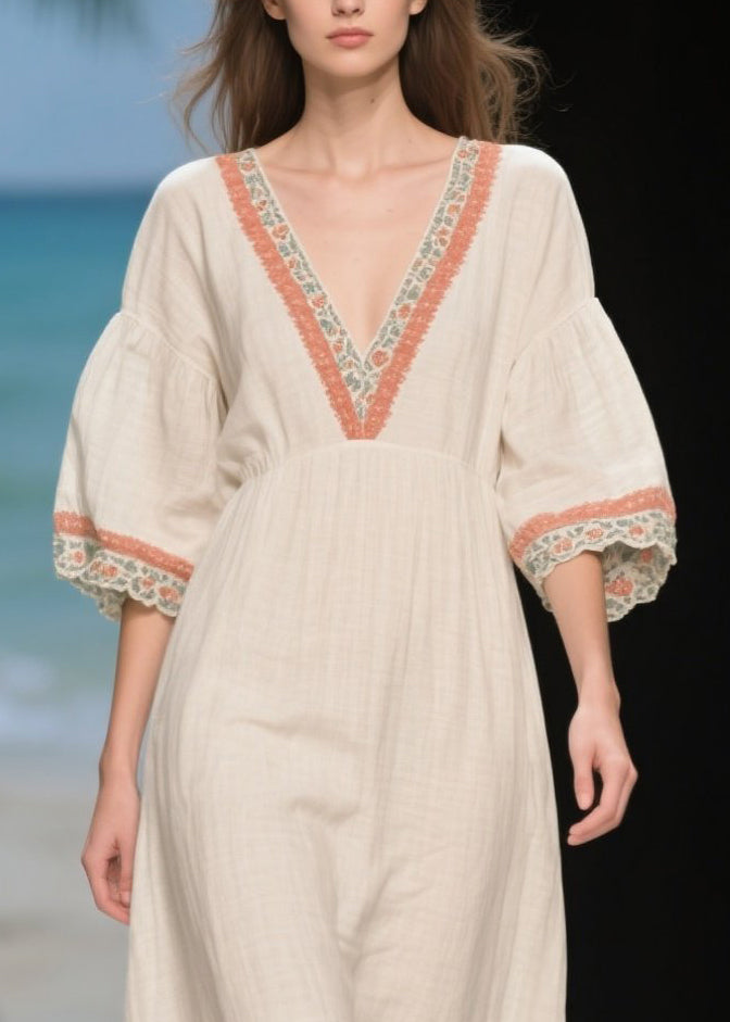 Handmade White Puff Sleeve Patchwork Linen Long Dress