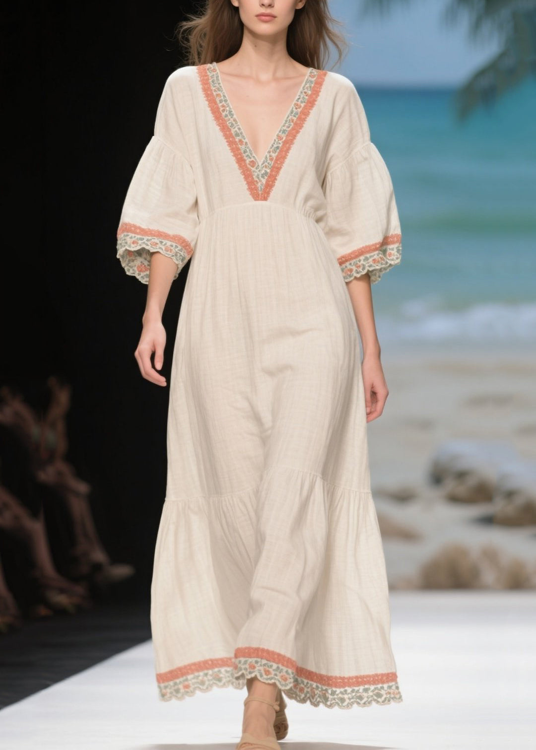 Handmade White Puff Sleeve Patchwork Linen Long Dress
