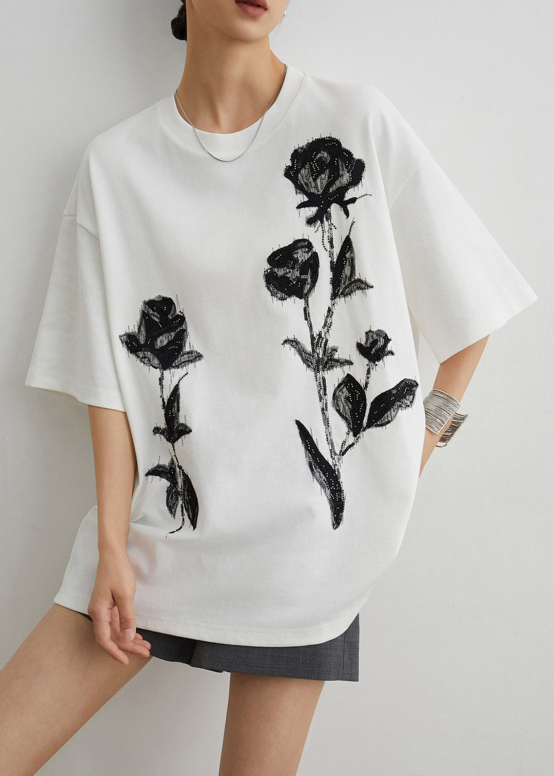 Handmade White Rose Nail Bead Cotton T Shirts Half Sleeve